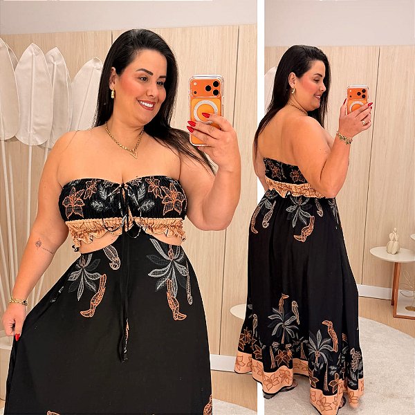 Vestido Adriana Multi Formas Preto Estampado Plus Size