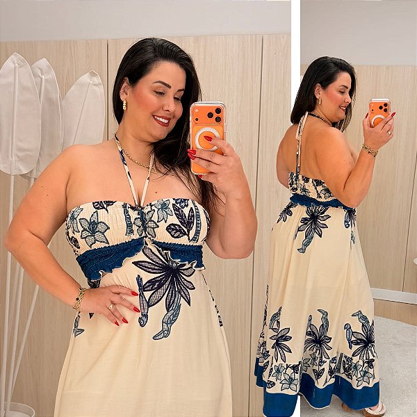 Vestido Adriana Multi Formas Bege Estampado Plus Size