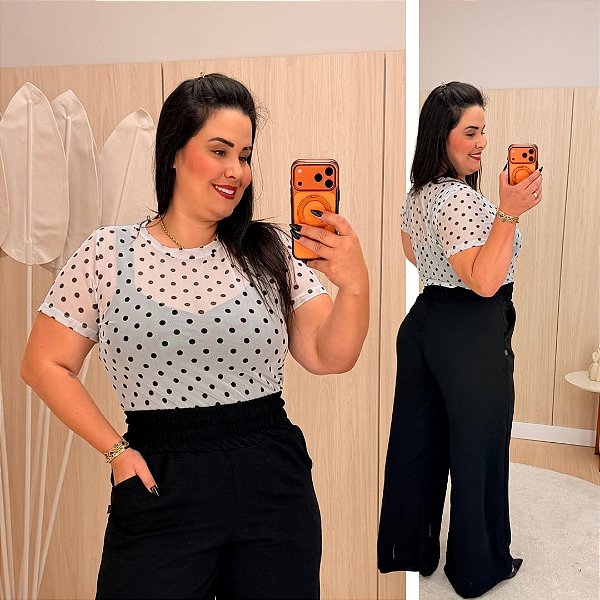 Blusa Tule Branca Poá Plus Size
