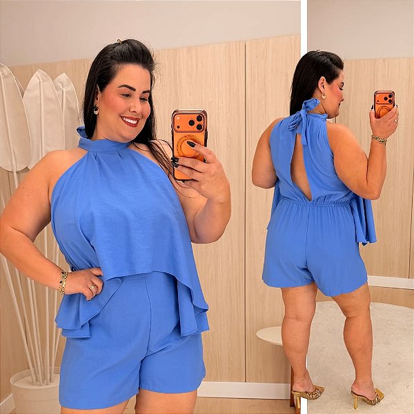 Macaquinho Babado Eloá Azul BB Plus Size