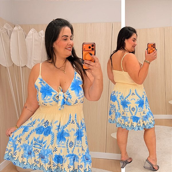 Vestido Curto Jeni Floral Azul Plus Size