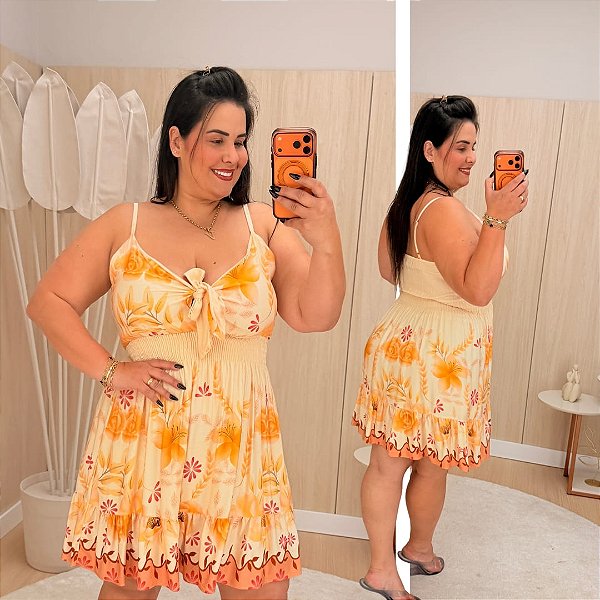 Vestido Curto Jeni Floral Amarelo Plus Size