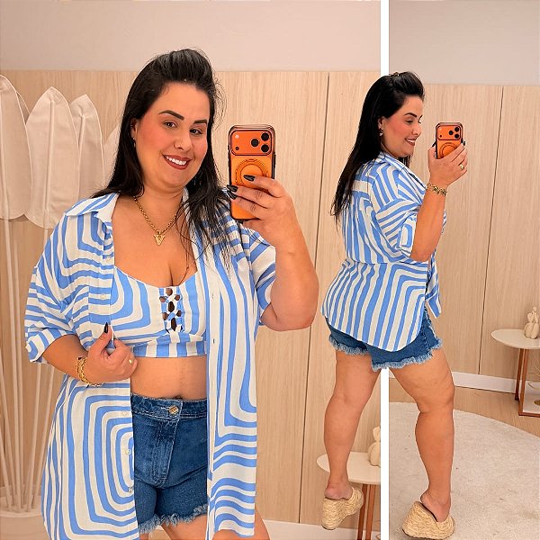 Conjunto Kimono Listra Fabi Azul Plus Size