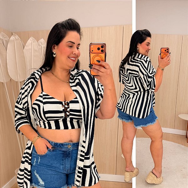 Conjunto Kimono Listra Fabi Preto Plus Size