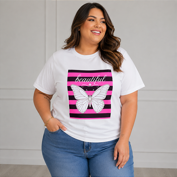 T shirt Cloe Borboleta Branca Listra Plus Size