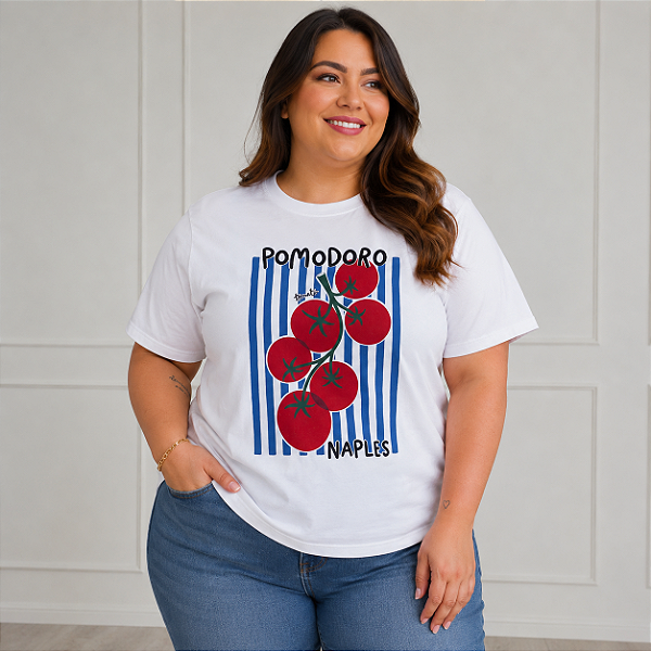 T shirt Pomodoro Branca Listra Plus Size