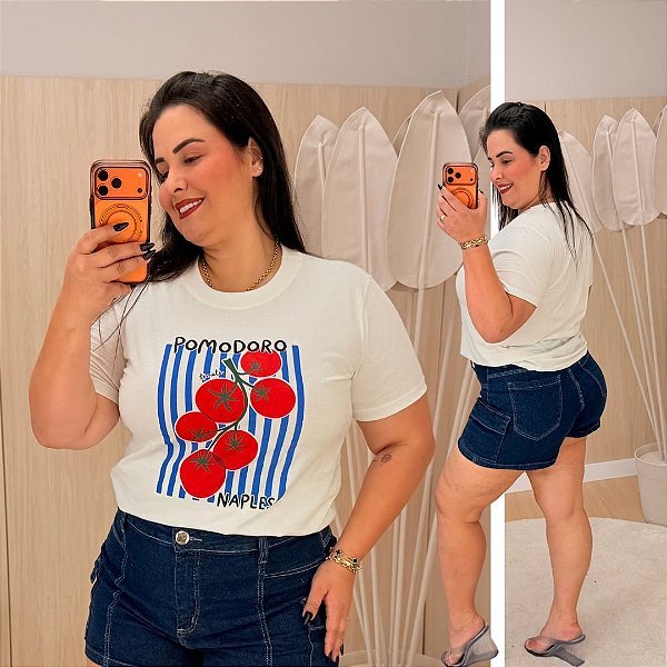 T shirt Pomodoro Branca Listra Plus Size