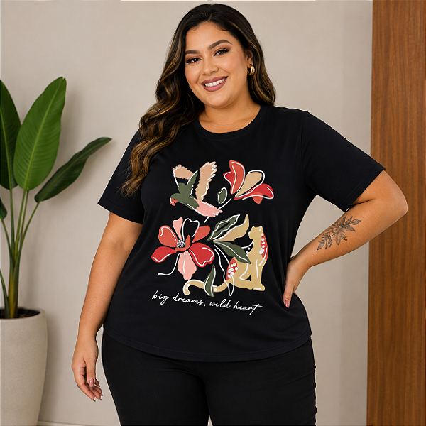 T shirt Big Dreams Preta Floral Plus Size
