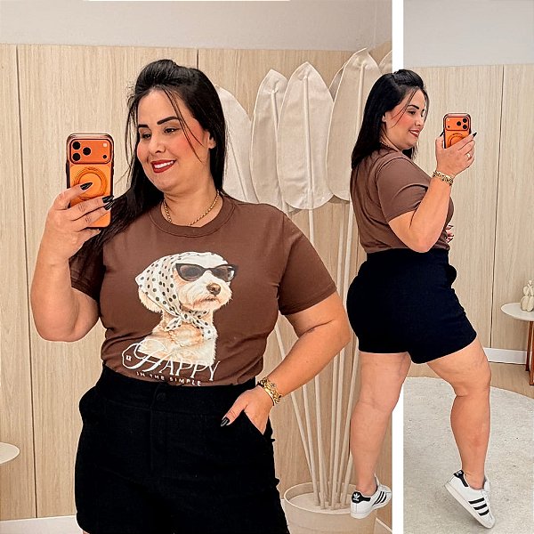 T shirt Happy Dog Marrom Plus Size