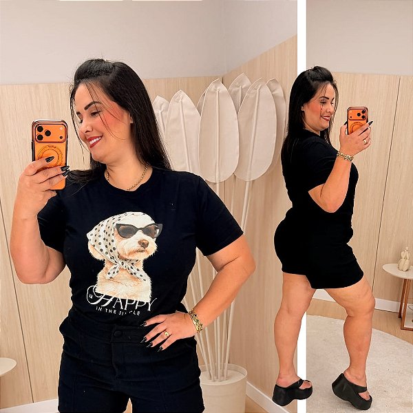 T shirt Happy Dog Preta Plus Size
