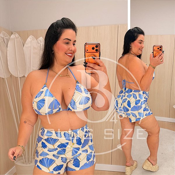 Biquíni com Short Perla Flor Azul Plus Size