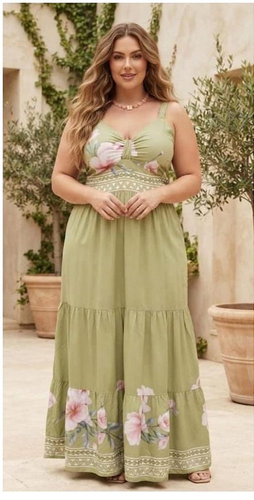 Vestido Longo Flávia Verde Floral Plus Size