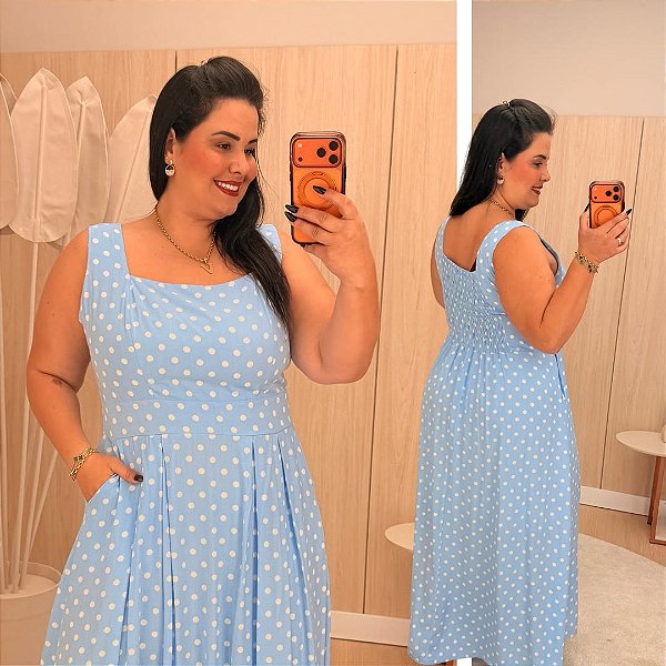 Vestido Longo Joana Azul Poá  Plus Size
