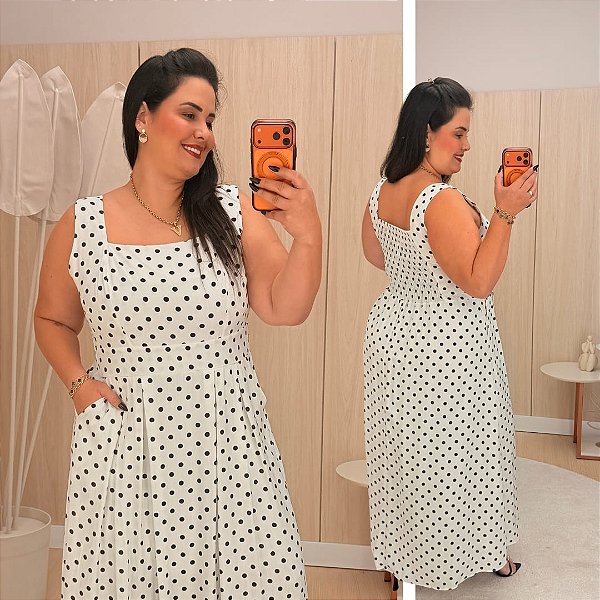 Vestido Longo Joana Branco Poá Plus Size