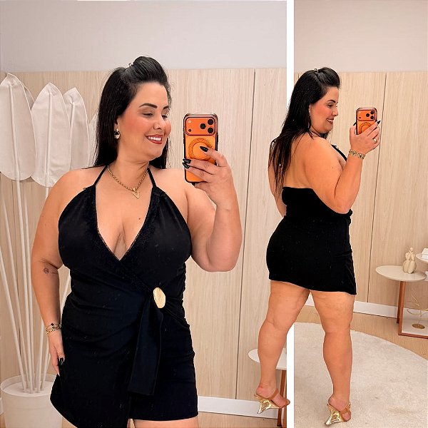 Vestido Rendy Madrepérola Preto Plus Size