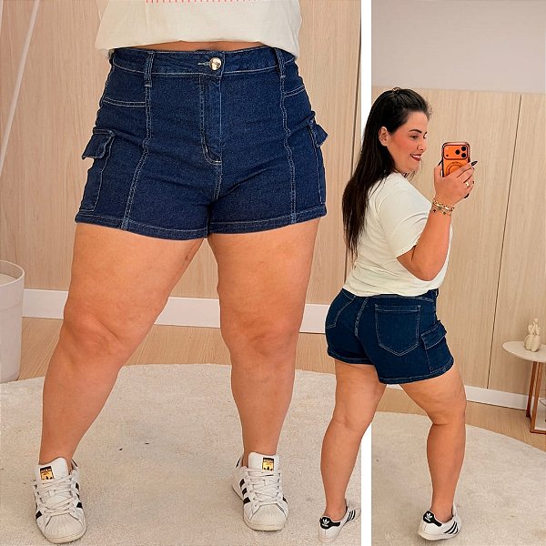 Short Jeans FF Cargo Dafne Escuro Plus Size