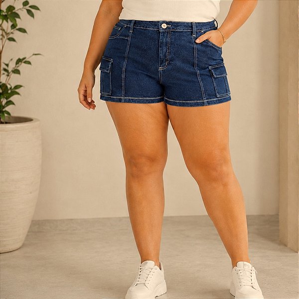 Short Jeans FF Cargo Dafne Escuro Plus Size