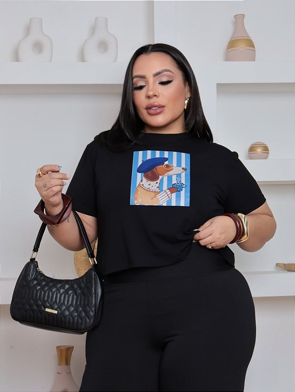 Cropped 3D Dog Listra Azul Plus Size