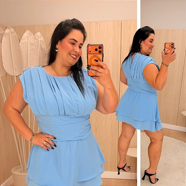 Macaquinho Babado Nicole Azul Plus Size