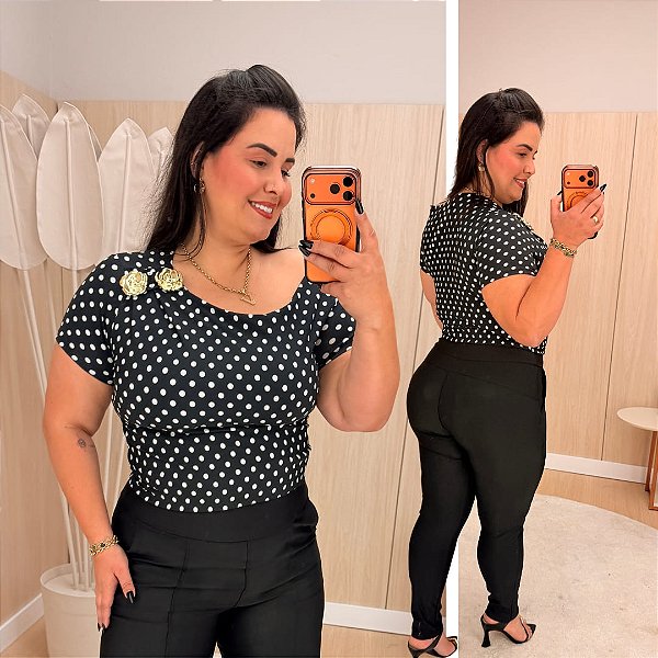 Blusa Manga Lara Preta Poá Plus Size