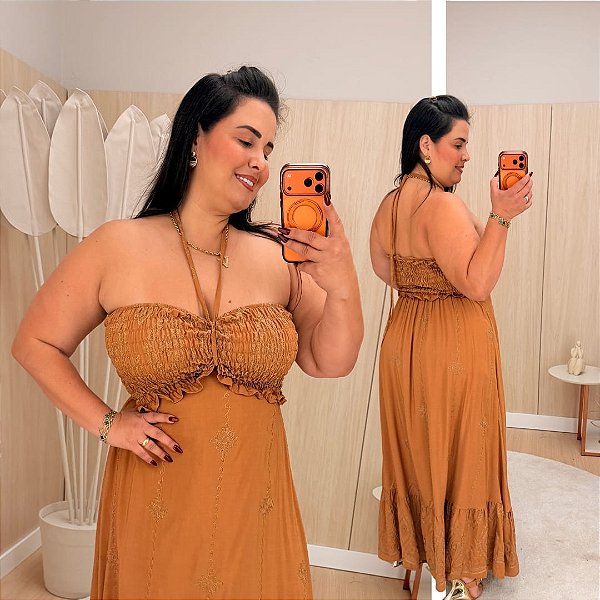 Vestido Multi Formas Marrom Bordado Flor Plus Size