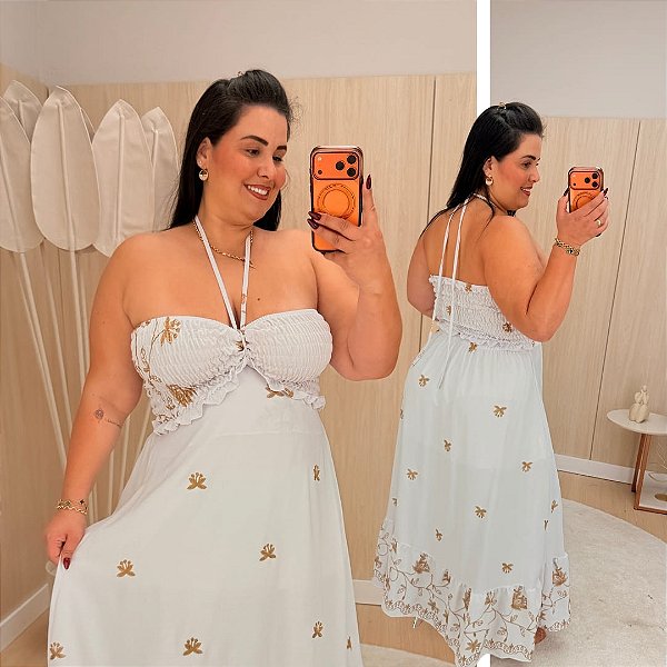 Vestido Multi Formas Branco Bordado Flor Plus Size