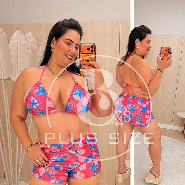 Biquíni com Short Rosa Estrela Azul Plus Size