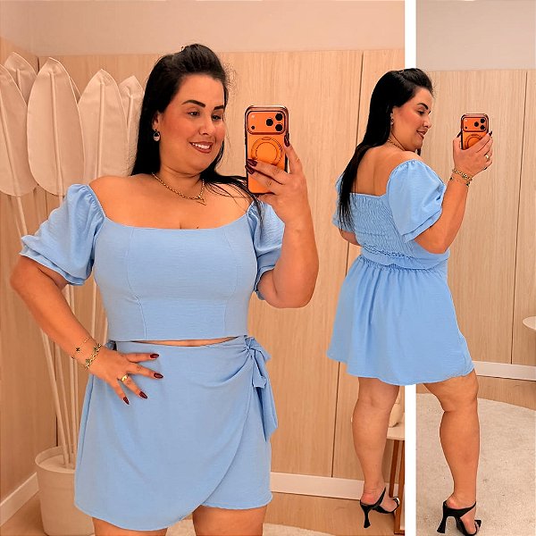 Conjunto Vip Manga Eliana Azul Plus Size