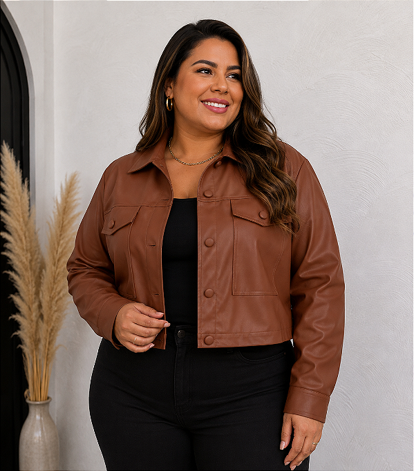 Jaqueta Corino Botão Marrom Plus Size