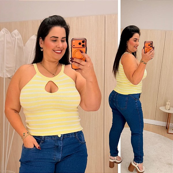 Regata Gota Modal Amarelo Listra Plus Size