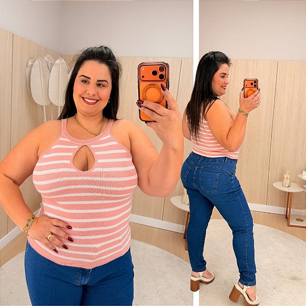 Regata Gota Modal Rosa Listra Plus Size