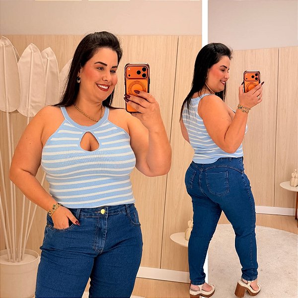 Regata Gota Modal Azul Listra Plus Size