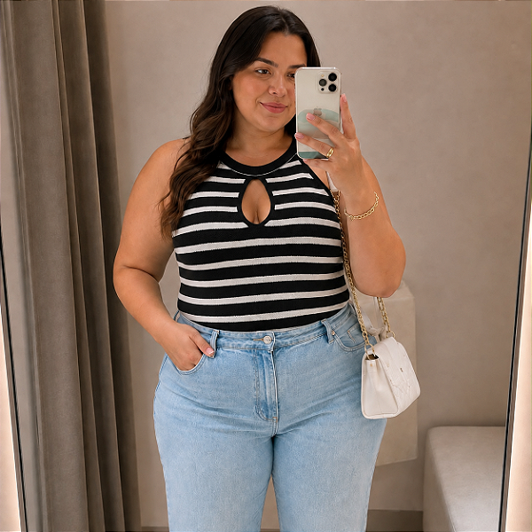 Regata Gota Modal Preta Listra Plus Size