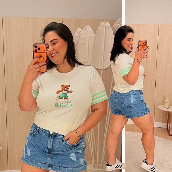 T shirt Urso Cute Listra Verde Plus Size