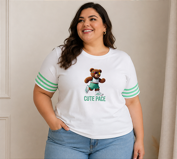 T shirt Urso Cute Listra Verde Plus Size