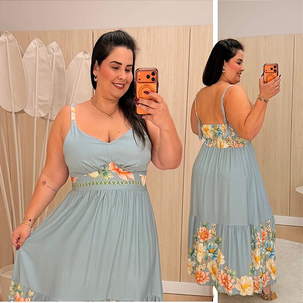 Vestido Letícia Azul Estampado Plus Size