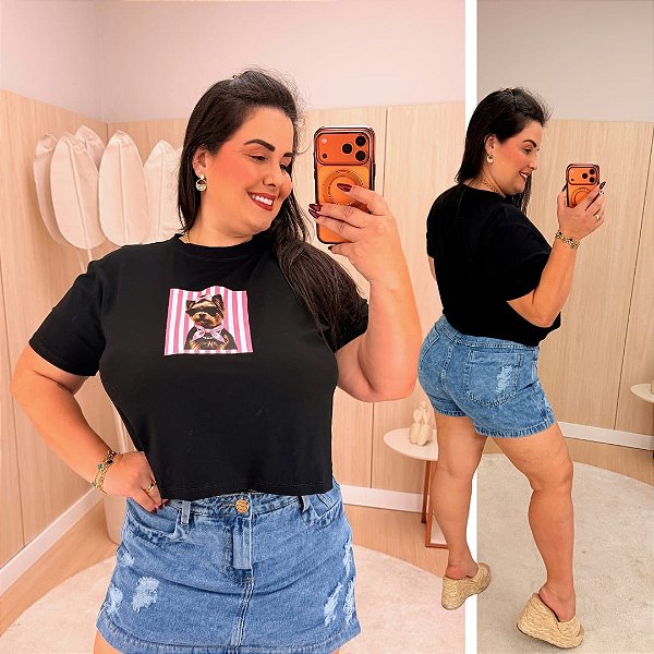 Cropped 3D Dog Listra Rosa Plus Size
