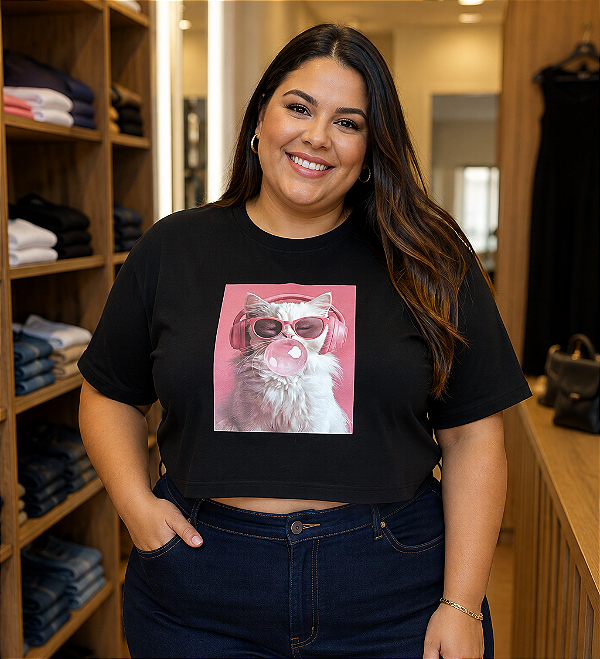 Cropped 3D Estampa Gato Plus Size
