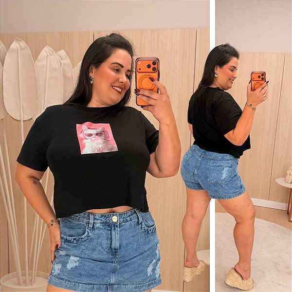 Cropped 3D Estampa Gato Plus Size