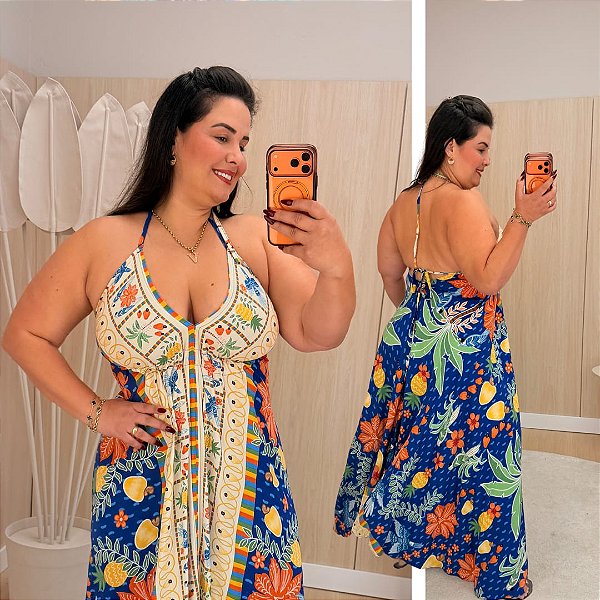 Vestido Lenço Adrieli Azul e Laranja Plus Size