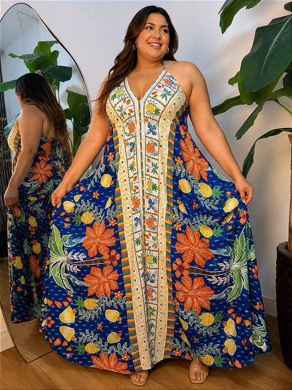Vestido Lenço Adrieli Azul e Laranja Plus Size