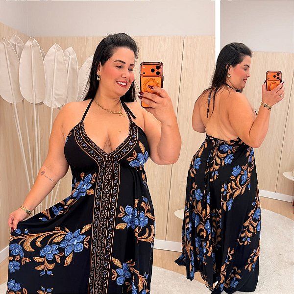 Vestido Lenço Adrieli Preto Estampado Plus Size