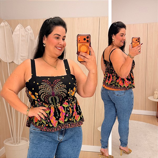 Blusa Alcinha Trop Preta Estampada Plus Size