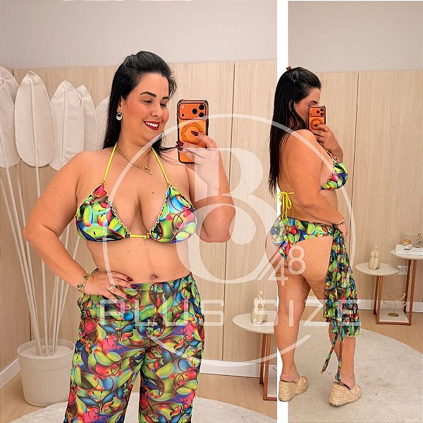 Biquíni com Calça Verde Estampado Plus Size