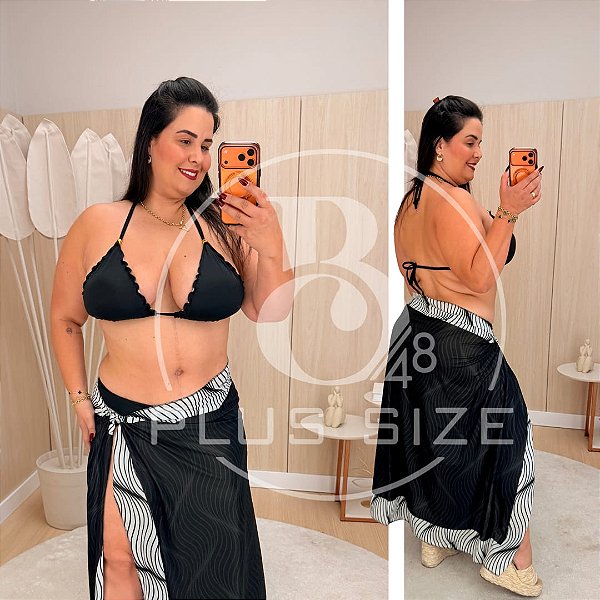 Biquíni com Saída Ondulado Preto e Branco Plus Size