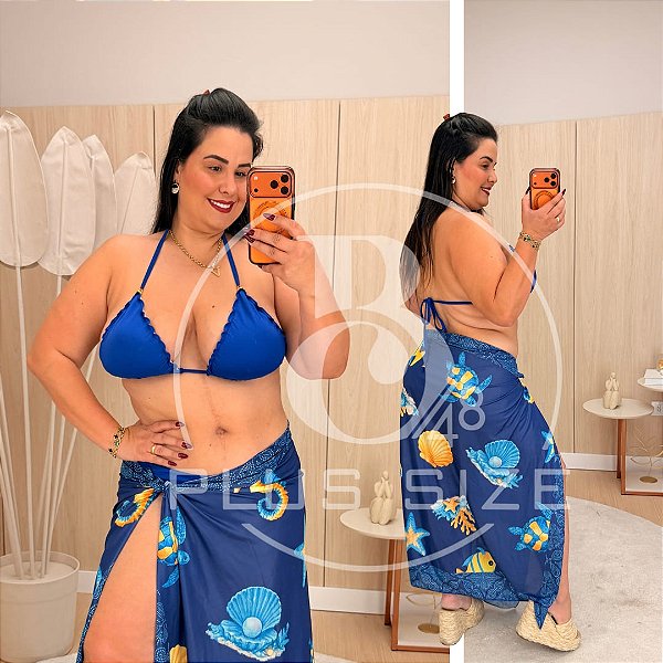 Biquíni com Saída Azul Estampado Plus Size