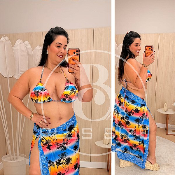 Biquíni com Saída Estampa Azul e Amarelo Plus Size