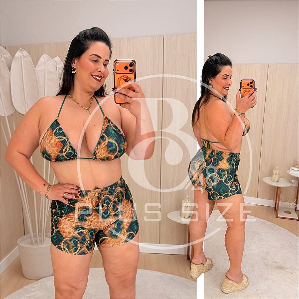 Biquíni com Short Bege e Verde Estampado Plus Size