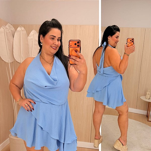Macaquinho Gola Boba Lívia Azul Plus Size