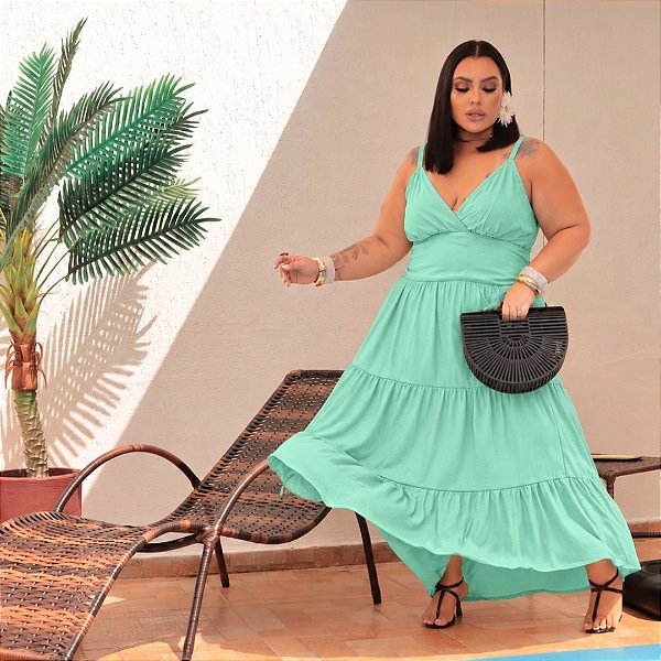 Vestido Alça Farm Verde Água Plus Size